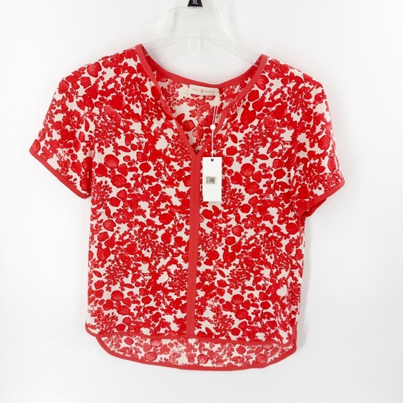 ✅ NWT TORY BURCH BLOUSE V NECK SHORT SLEEVES 100% SILK Floral Red Top SIZE 4 - Picture 1 of 7